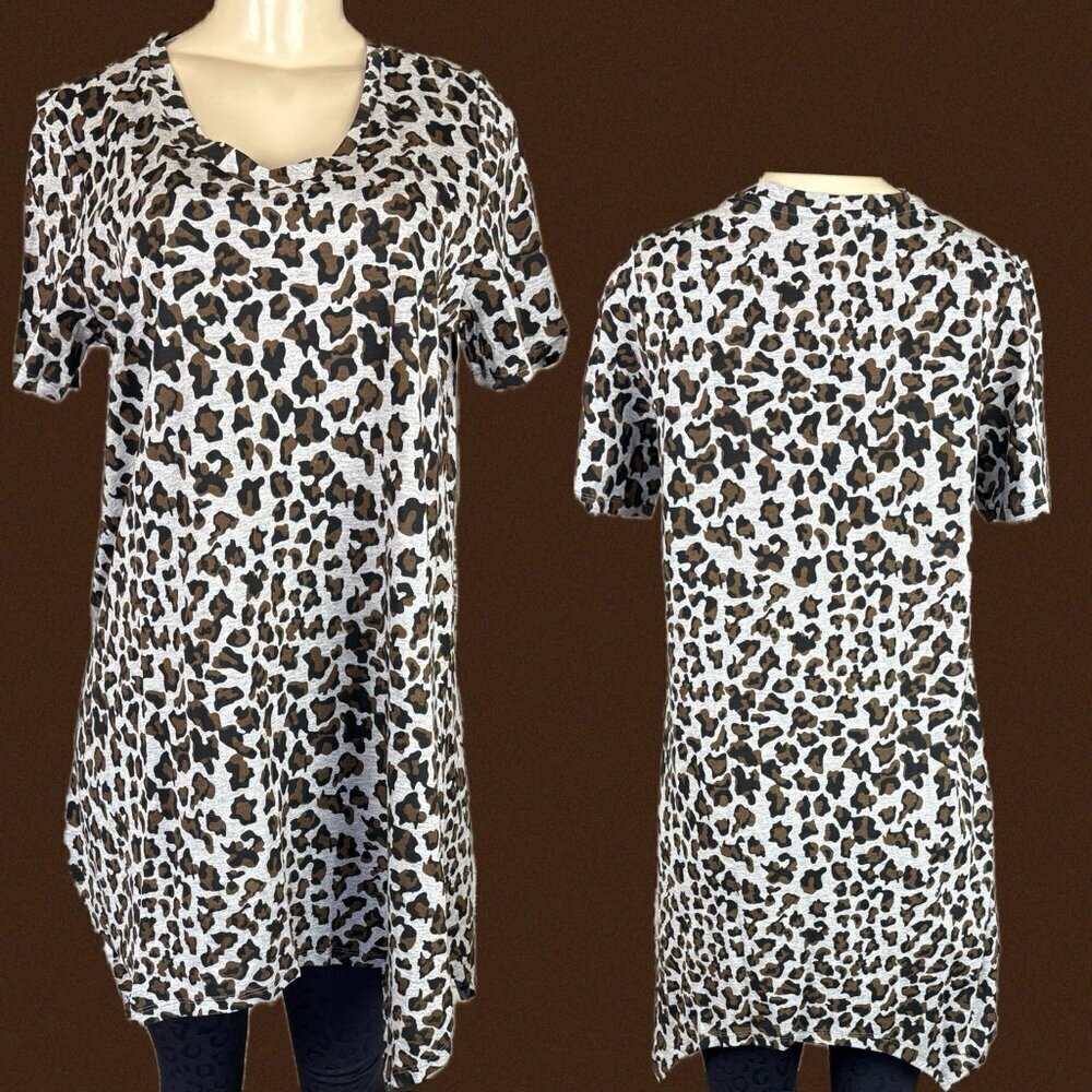Ellos M-10/12 Gray-Brown Animal Print V-Neck Cotton Hanky Hem Short Sleeve Tee